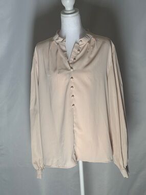 Soft Blush Pink Cream Button-Front Ruffle Collar Satin Blouse